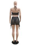 Black Fashion Sexy Patchwork Bandage Hollowed Out See-through Strapless Sleeveless Two Pieces