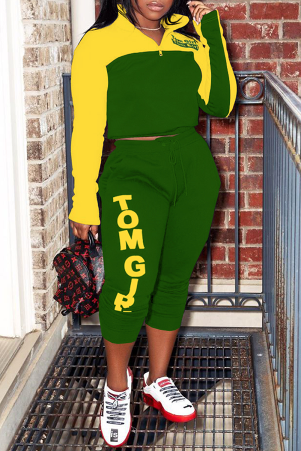 Yellow Fashion Casual Letter Print Patchwork Zipper Collar Long Sleeve Two Pieces