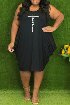 Black Casual Print Split Joint V Neck Vest Dress Plus Size Dresses