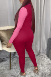 Rose Red Fashion Casual Solid Patchwork Zipper Collar Skinny Jumpsuits