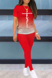 Red Fashion Casual Gradual Change Print Basic O Neck Short Sleeve Two Pieces
