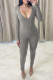 Grey Fashion Casual Solid Basic Zipper Collar Skinny Jumpsuits