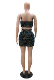 Black Fashion Sexy Patchwork Hollowed Out Sequins Asymmetrical Spaghetti Strap Sleeveless Two Pieces