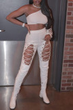 White Fashion Sexy Solid Sequins Oblique Collar Long Sleeve Two Pieces