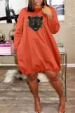 Deep Blue Fashion Casual Print Basic O Neck Long Sleeve Dresses