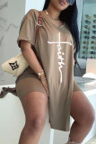 Coffee Fashion Casual Print Slit V Neck Short Sleeve Two Pieces