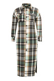Red Casual Plaid Print Split Joint Buckle Turndown Collar Outerwear