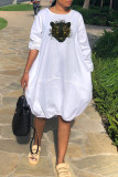Deep Blue Fashion Casual Print Basic O Neck Long Sleeve Dresses