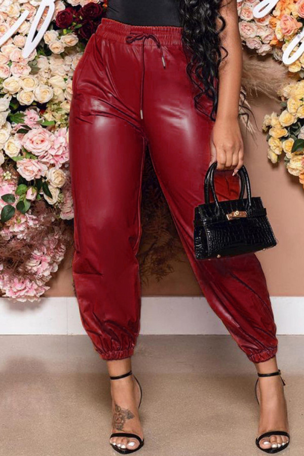 Red Fashion Casual Solid Basic Regular High Waist Trousers