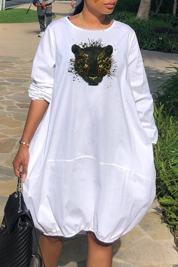 White Fashion Casual Print Basic O Neck Long Sleeve Dresses