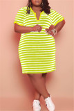 Yellow Fashion Casual Plus Size Striped Print Basic V Neck Short Sleeve Dress