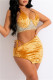 Yellow Sexy Patchwork Hot Drilling Bandage Hollowed Out Backless Spaghetti Strap Sleeveless Dress