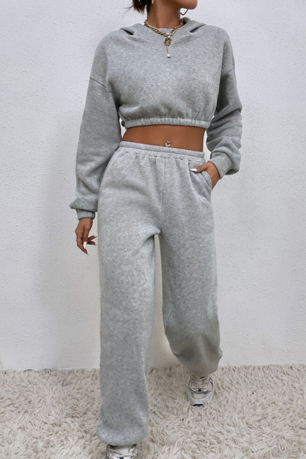 Grey Casual Solid Patchwork Hooded Collar Long Sleeve Two Pieces