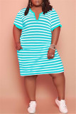 Black Fashion Casual Plus Size Striped Print Basic V Neck Short Sleeve Dress