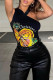 Black Fashion Street Print Patchwork One Shoulder T-Shirts