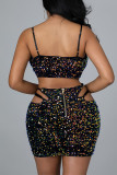 Black Fashion Sexy Patchwork Hollowed Out Sequins Asymmetrical Spaghetti Strap Sleeveless Two Pieces