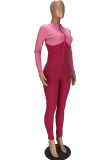 Rose Red Fashion Casual Solid Patchwork Zipper Collar Skinny Jumpsuits