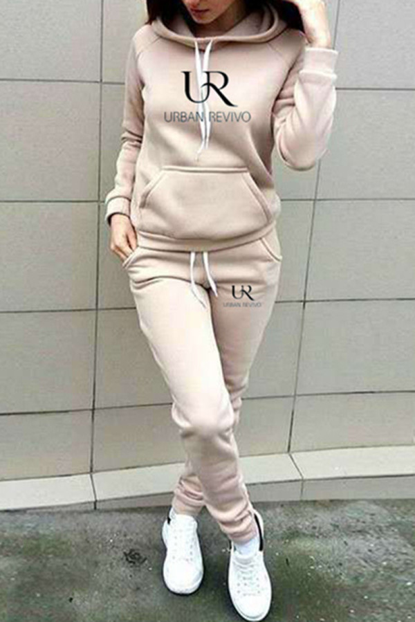 Apricot Fashion Casual Letter Print Basic Hooded Collar Long Sleeve Two Pieces