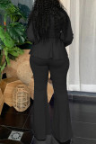 Black Fashion Casual Solid Basic V Neck Long Sleeve Two Pieces