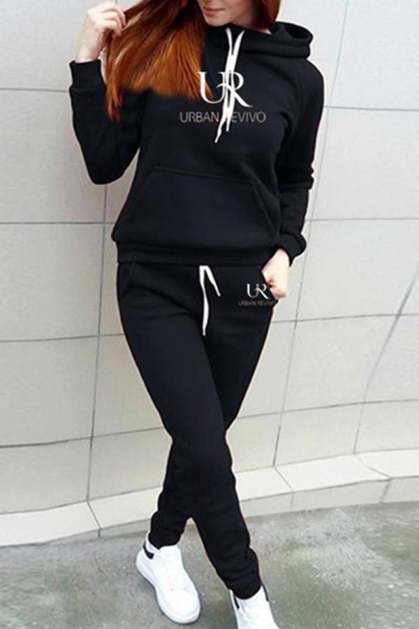 Black Fashion Casual Letter Print Basic Hooded Collar Long Sleeve Two Pieces