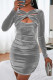 Grey Fashion Sexy Solid Hollowed Out V Neck Long Sleeve Dresses