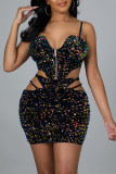 Black Fashion Sexy Patchwork Hollowed Out Sequins Asymmetrical Spaghetti Strap Sleeveless Two Pieces