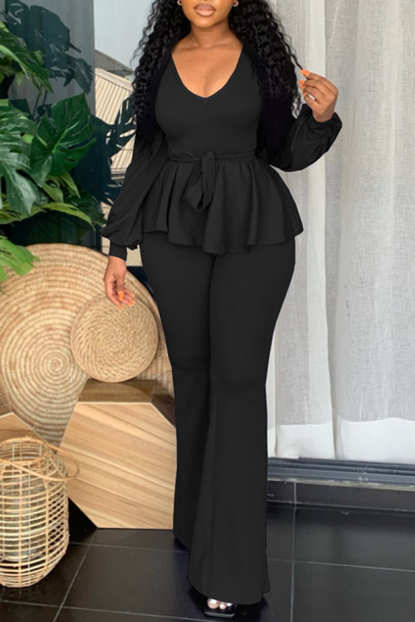 Black Fashion Casual Solid Basic V Neck Long Sleeve Two Pieces