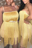 Yellow Fashion Sexy Patchwork Tassel Backless Square Collar Sling Dress