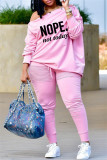 Pink Fashion Casual Letter Print Basic Oblique Collar Long Sleeve Two Pieces
