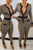 Black Sexy Print Patchwork Buckle O Neck Regular Jumpsuits