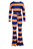 Blue Casual Striped Print Patchwork O Neck Long Sleeve Two Pieces
