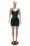 Black Fashion Sexy Patchwork Hollowed Out Sequins Asymmetrical Spaghetti Strap Sleeveless Two Pieces