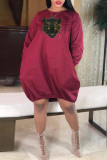 Deep Blue Fashion Casual Print Basic O Neck Long Sleeve Dresses
