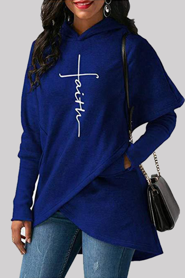 Blue Fashion Casual Print Patchwork Hooded Collar Tops