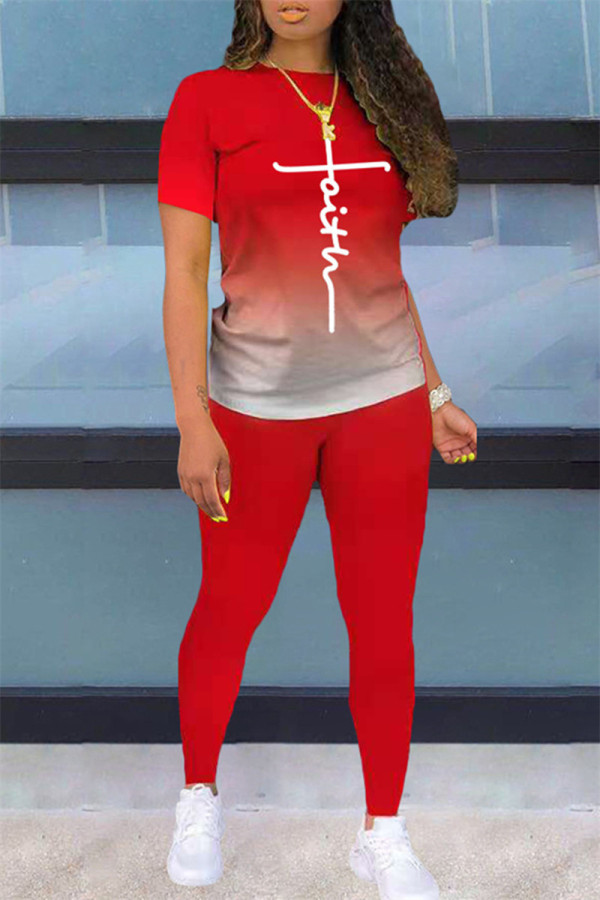 Red Fashion Casual Gradual Change Print Basic O Neck Short Sleeve Two Pieces