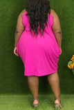 Pink Casual Print Split Joint V Neck Vest Dress Plus Size Dresses