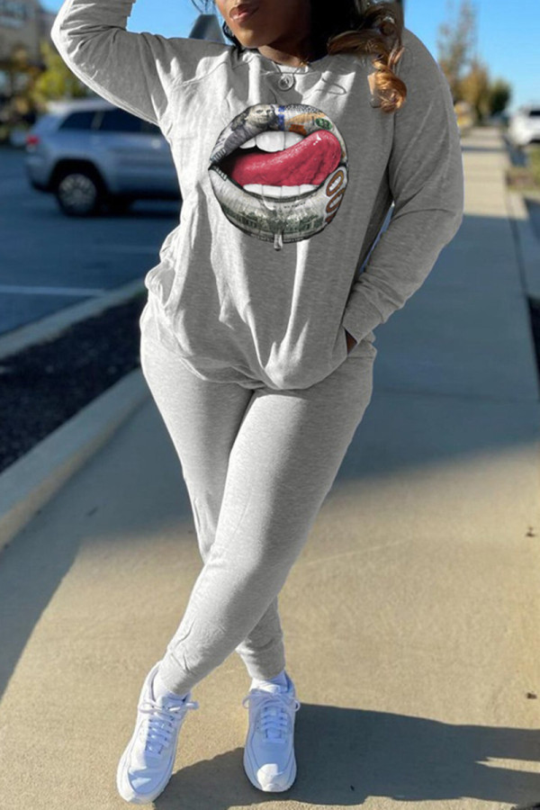 Grey Fashion Casual Lips Printed Basic O Neck Long Sleeve Two Pieces