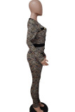 Black Sexy Print Patchwork Buckle O Neck Regular Jumpsuits