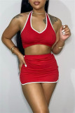 Red Sexy Casual Solid Patchwork Backless Halter Sleeveless Two Pieces