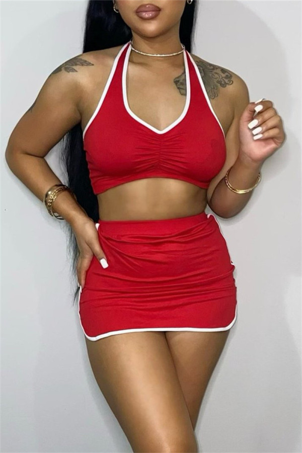 Red Sexy Casual Solid Patchwork Backless Halter Sleeveless Two Pieces