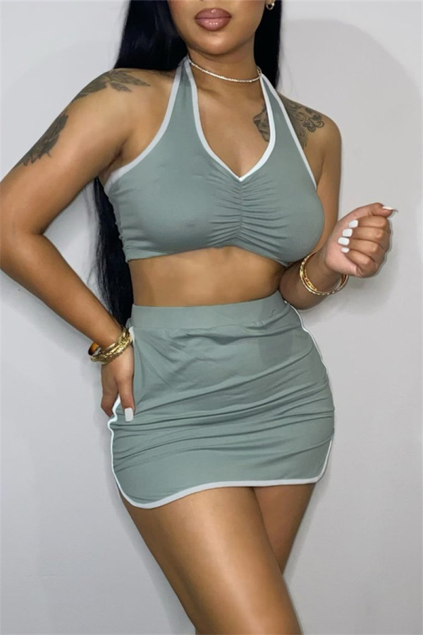 Grey Sexy Casual Solid Patchwork Backless Halter Sleeveless Two Pieces