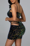 Black Fashion Sexy Patchwork Hollowed Out Sequins Asymmetrical Spaghetti Strap Sleeveless Two Pieces