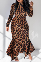 Leopard Print Sexy Print Split Joint Half A Turtleneck Irregular Dress Dresses