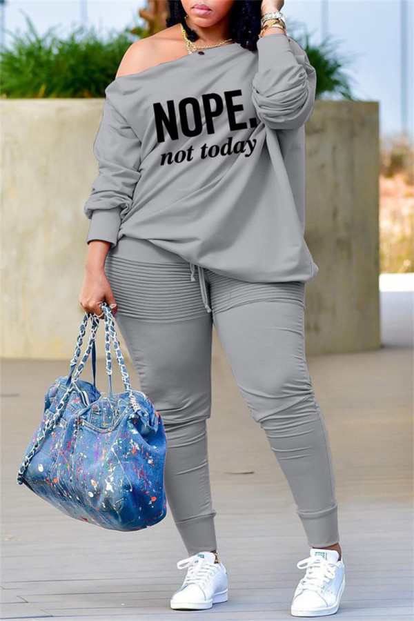 Grey Fashion Casual Letter Print Basic Oblique Collar Long Sleeve Two Pieces