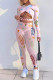 Pink Sexy Print Hollowed Out Patchwork V Neck Long Sleeve Two Pieces
