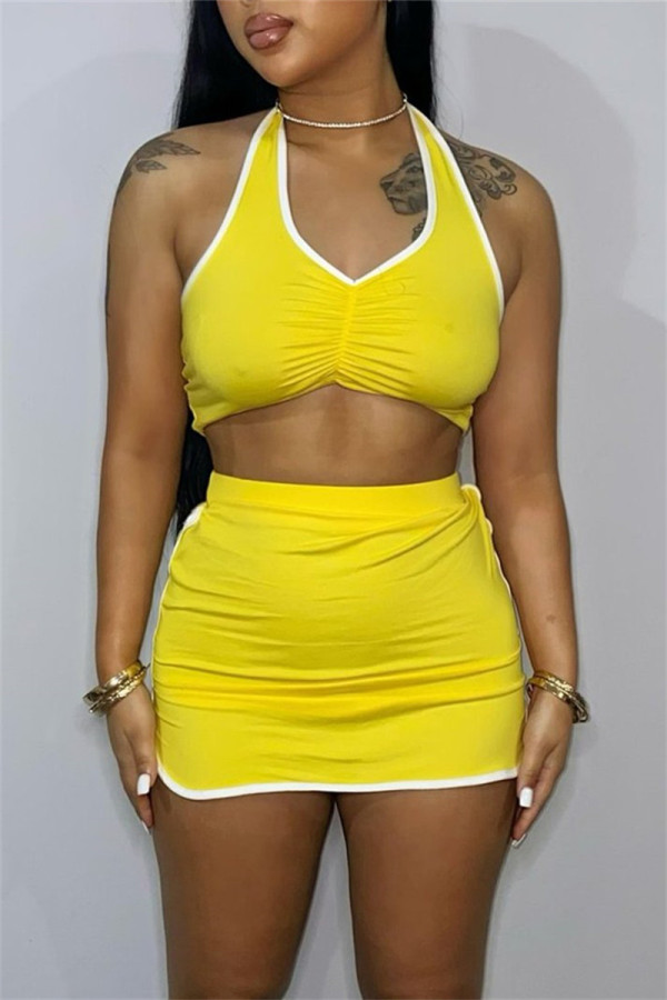 Yellow Sexy Casual Solid Patchwork Backless Halter Sleeveless Two Pieces