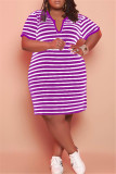 Purple Fashion Casual Plus Size Striped Print Basic V Neck Short Sleeve Dress