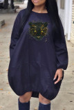 Deep Blue Fashion Casual Print Basic O Neck Long Sleeve Dresses