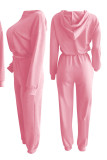 Pink Casual Solid Patchwork Hooded Collar Long Sleeve Two Pieces