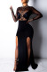 Black Fashion Sexy Patchwork See-through Slit Turtleneck Evening Dress